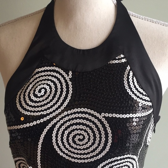 Cache Dresses & Skirts - Caché Sequin Mini Halter Dress w Chiffon Ruching